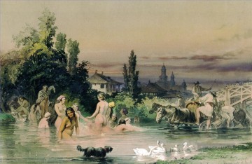 romantische romantik Ölbilder verkaufen - Badenudel im Fluss Amadeo Preziosi Neoklassizismus Romantik